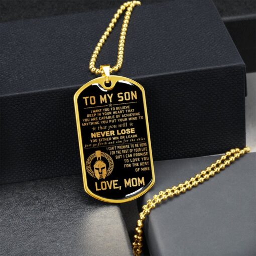 Spartan Dog Tag Necklace silver gold To my son deep in your heart that you will never lose love mom Custom Dog Tags