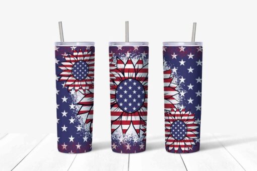 20 oz Skinny Tumbler, Patriotic Tumbler, Red White & Blue Sunflower Skinny Tumbler, Flag Sunflowers Tumbler