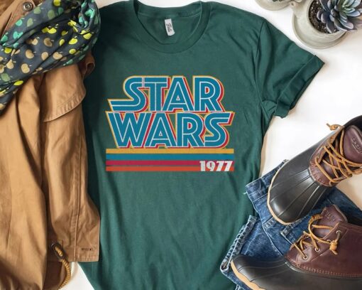 90s Star Wars Super Retro Striped Logo 1977 Graphic Shirt