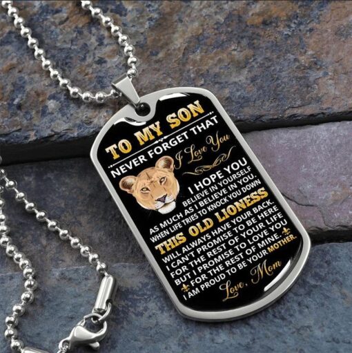 Lion dog tag necklace to my son i love you, believe in yourself, this old lioness, i am proud to be your mother