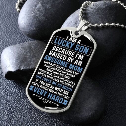 Son Dog Tag Necklace, Lucky Son Awesome Mom, Teen Boy Dog Tag Necklace, Birthday for Son, Son Keepsake Gift