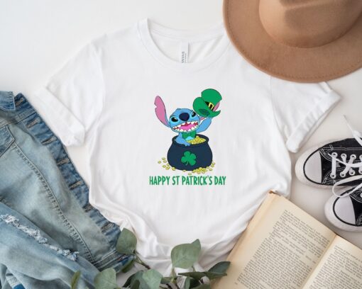 Stitch Happy St Patrick's Day Shirt, Stitch With Pot Of Gold Shirt Hoodie Sweatshirt, Disney Stitch Lucky Shirt