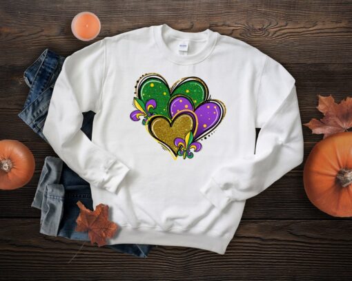 Mardi Gras Heart Shirts, Adult Mardi Gras Sweatshirts, New Orleans Sweatshirts, NOLA Shirts, Fat Tuesday Sweatshirts