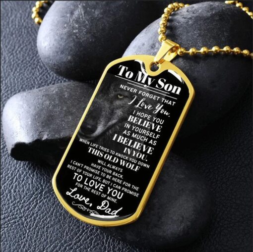 Wolf dog tag necklace to my son never forget that i love you, i hope you believe in yourself love dad, gift father's day