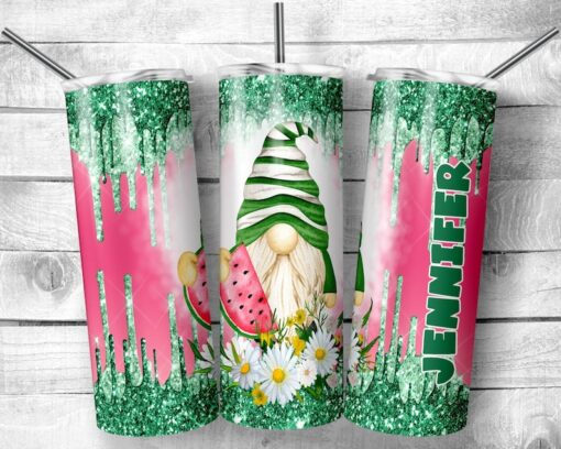 Watermelon Gnome Tumbler, Personalized Gift, Faux Glitter Tumbler 20oz with Straw