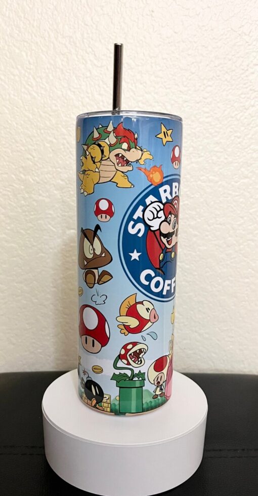 Super Mario Themed Tumbler - Insulated Stainless Steel 20 oz. Skinny Tumbler with Lid and Straw