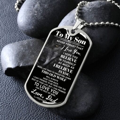 Wolf dog tag necklace to my son never forget that i love you, i hope you believe in yourself love dad, gift father's day