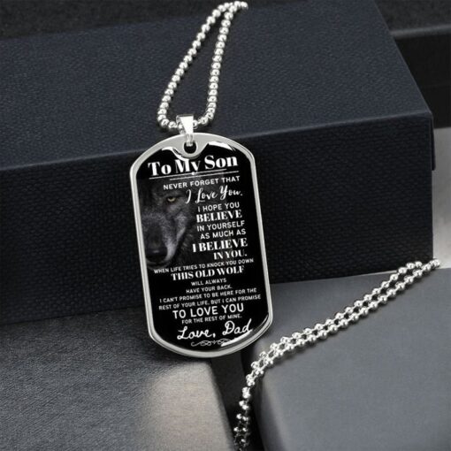 Wolf dog tag necklace to my son never forget that i love you, i hope you believe in yourself love dad, gift father's day