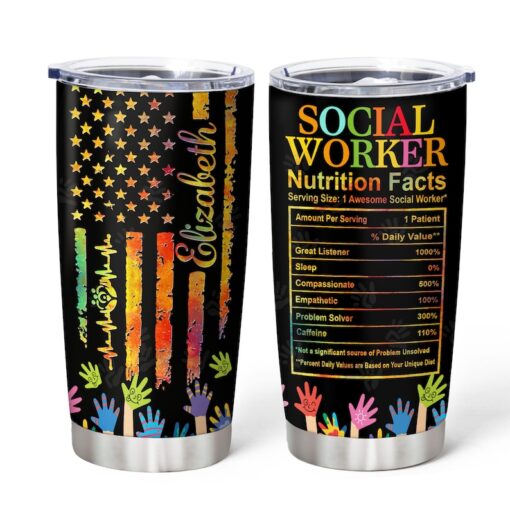 Personalized Social Worker Nutrition Facts Tumbler, USA Flag Stainless Steel Tumbler 20oz