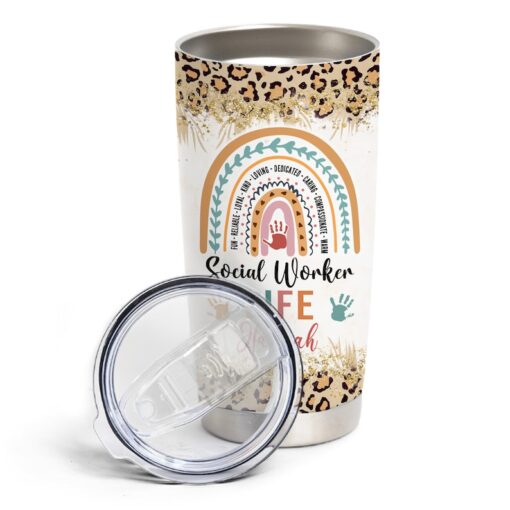 Personalized Social Worker Life Leopard Rainbow Stainless Steel Tumbler 20oz, Appreciation Gifts