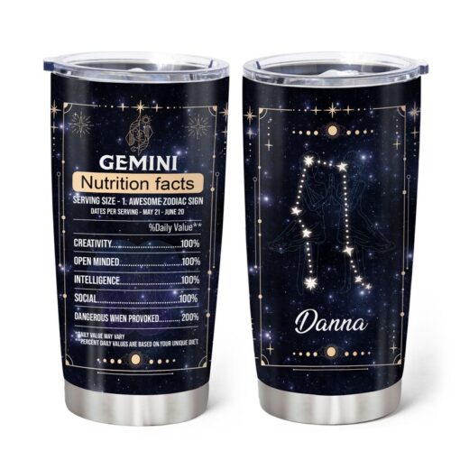 Personalized Gemini Nutrition Facts Tumbler, Zodiac Stainless Steel Tumbler 20 oz, 12 Zodiac Tumbler, Gifts For Birthday