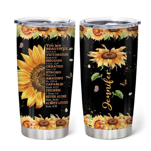 Personalized Sunflower Tumbler Your Are Beautiful Victorious Christian, Inspirational Gifts