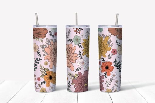 20 oz Skinny Tumbler, Floral Skinny Tumbler, Boho Flowers, Retro Flowers Tumbler, Retro Skinny Tumbler