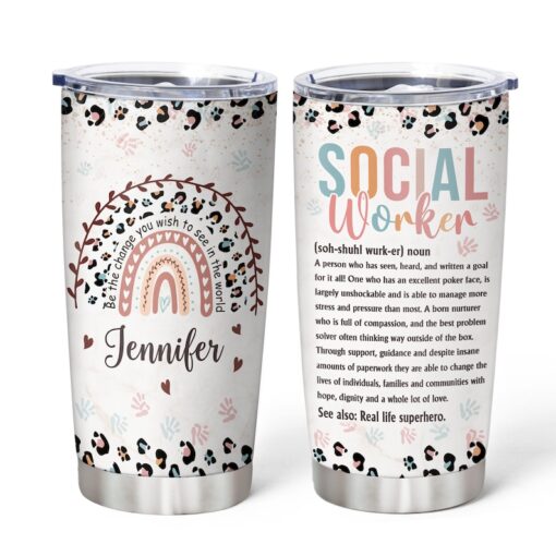 Personalized Social Worker Tumbler, Leopard Rainbow Stainless Steel Tumbler 20oz