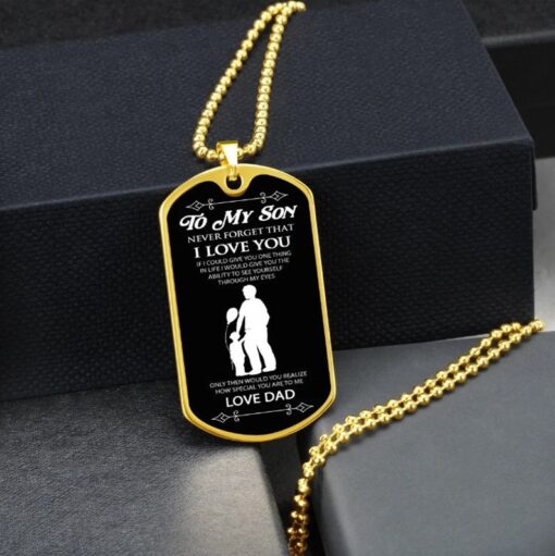 Dad and son black background dog tag, to my son, never forget that i love you, love dad, father's day gift