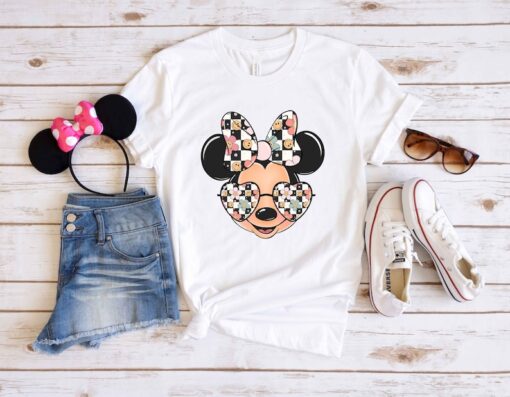 Checkered Retro Minnie Shirt, Minnie Smiley Face Sunglasses Shirt, Minnie Mouse Shirt, Disney Mom, Woman Disney Shirt