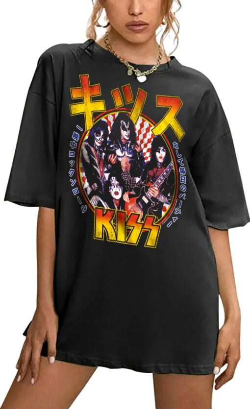 Kiss Oversize Shirt Rock n Roll All Nite Logo Unisex Graphic Tees Japanese Poster Women's T-Shirts Ladies Rocker Style