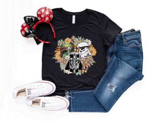 Disney Star Wars Characters Shirt, Star Wars Darth Vader Stormtrooper Boba Fett Shirt, Floral Star Wars Shirts