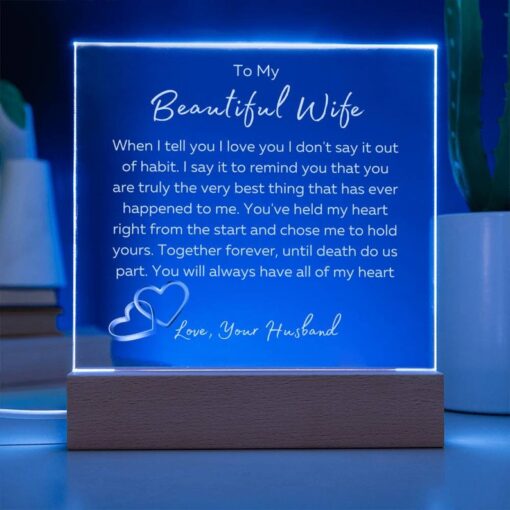 To My Beautiful Wife Square Plaque-Until Death Do Us Part- White Font LED Optional