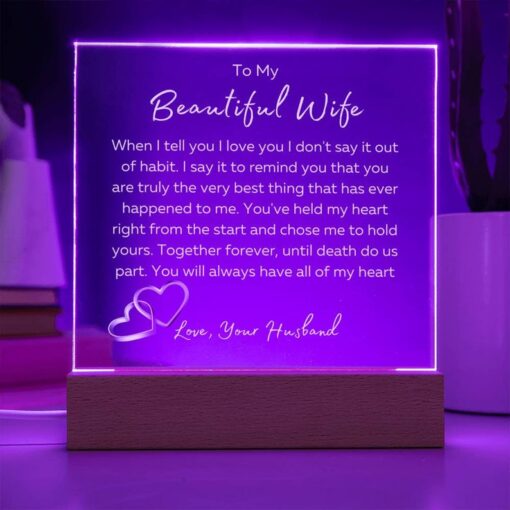 To My Beautiful Wife Square Plaque-Until Death Do Us Part- White Font LED Optional