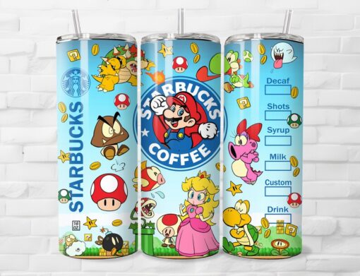 Super Mario Themed Tumbler - Insulated Stainless Steel 20 oz. Skinny Tumbler with Lid and Straw