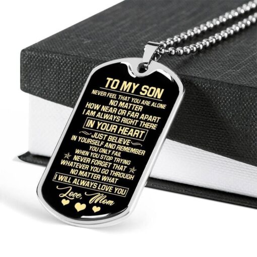 Heart black background dog tag necklace to my son right there in your heart, love mom, father's day gift, gift for son