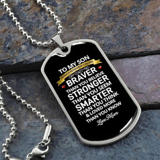 To My Strong, Brave Son Dog Tag Love Mom, Son Birthday, Son Mom Gifts, Son Necklace Gift, Birthday Gift for Son