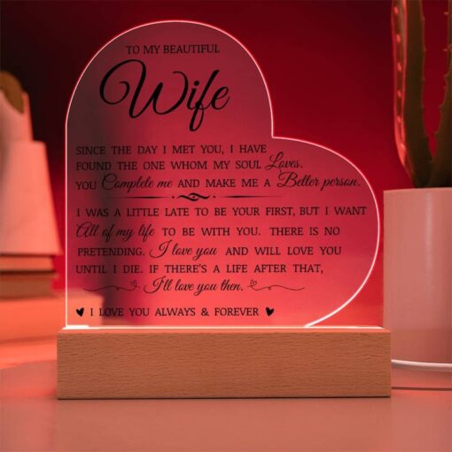 To My Beautiful Wife "You Complete Me" Acrylic Heart Plaque, Romantic Anniversary Gift to Wife, Wife Keepsake