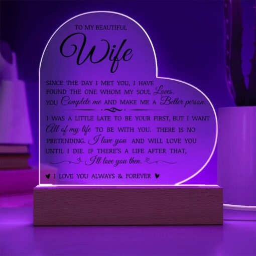 To My Beautiful Wife "You Complete Me" Acrylic Heart Plaque, Romantic Anniversary Gift to Wife, Wife Keepsake