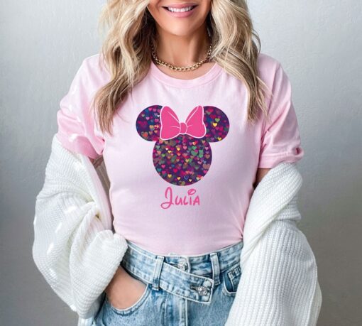 Epcot Minnie Shirt With Custom Name, Personalized Bokeh Heart Minnie Shirt, Colorful Disney Shirt, Disney Family Shirt