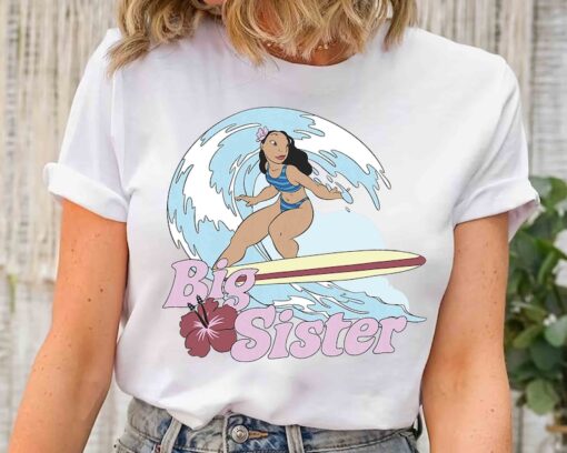 Disney Lilo & Stitch Big Sister Nani Surfing Portrait Shirt, Stitch and Angel Matching Tee