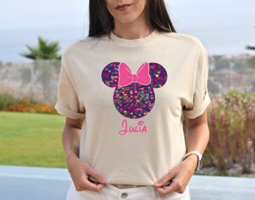 Epcot Minnie Shirt With Custom Name, Personalized Bokeh Heart Minnie Shirt, Colorful Disney Shirt, Disney Family Shirt