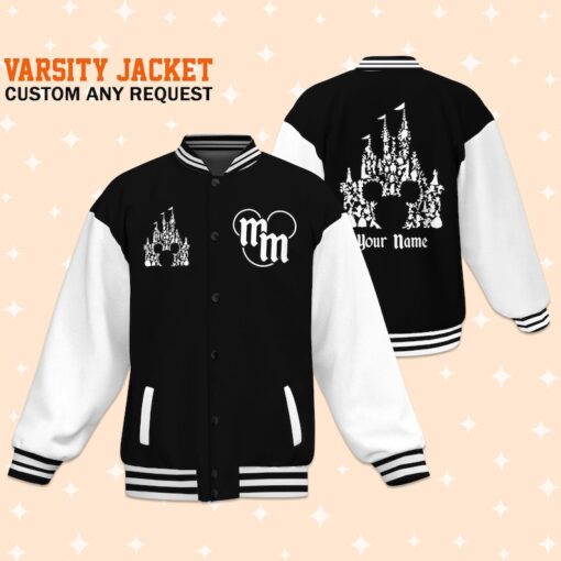 Personalize Disney Mickey Head Castle Black Varsity Jacket, Matching Baseball Team Outfit, Adult Varsity Jacket