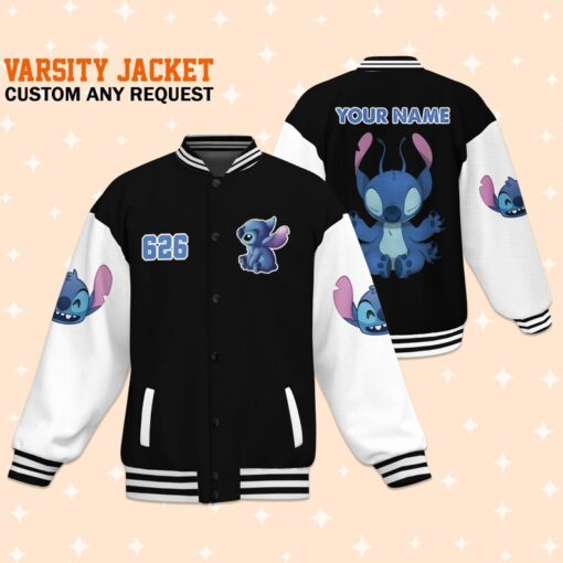 Personalize Stitch Yoga Black Varsity Jacket, Matching Baseball Team Outfit, Adult Varsity Jacket, Custom Disney Jacket