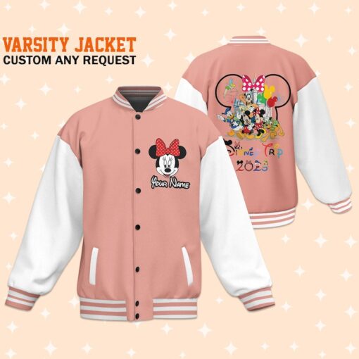 Personalize Disneyland Disney Trip With Minnie Mouse Head Varsity Jacket, Baseball Outfit, Adult Varsity Jacket