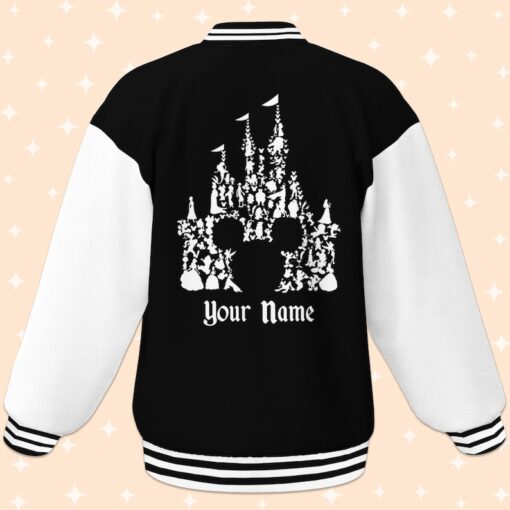 Personalize Disney Mickey Head Castle Black Varsity Jacket, Matching Baseball Team Outfit, Adult Varsity Jacket