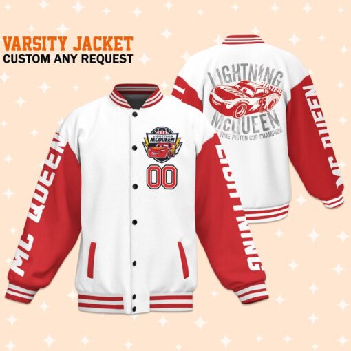 Custom Cars Lightning Mcqueen White Varsity Jacket, Adult Varsity Jacket, Personalized Disney Jacket, Baseball Outfit