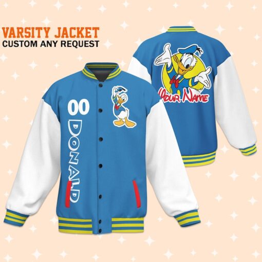 Custom Donald Blue Varsity Jacket, Adult Varsity Jacket, Personalized Disney Jacket, Donald Gift,Baseball Team Outfit