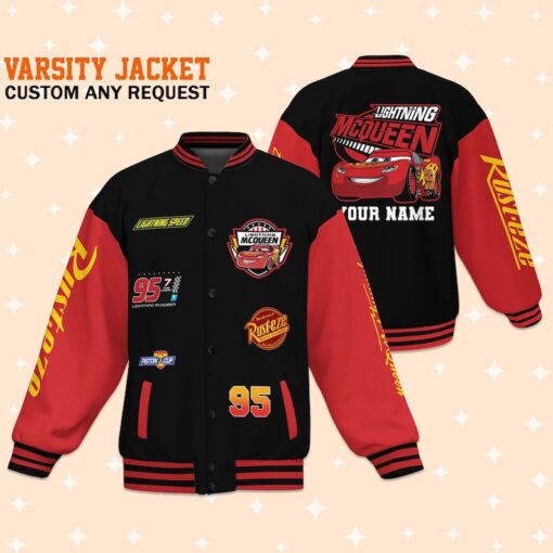 Personalize Lightning Mcqueen Black And Red Varsity Jacket, Adult Varsity Jacket, Baseball Team Outfit