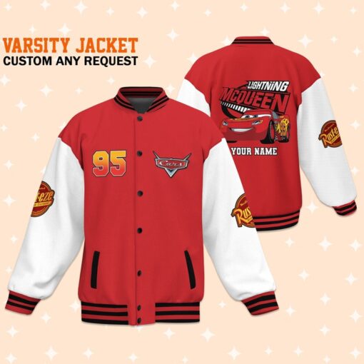 Personalize Lightning Mcqueen Speed Red Black Varsity Jacket, Matching Baseball Team Outfit,Adult Varsity Jacket