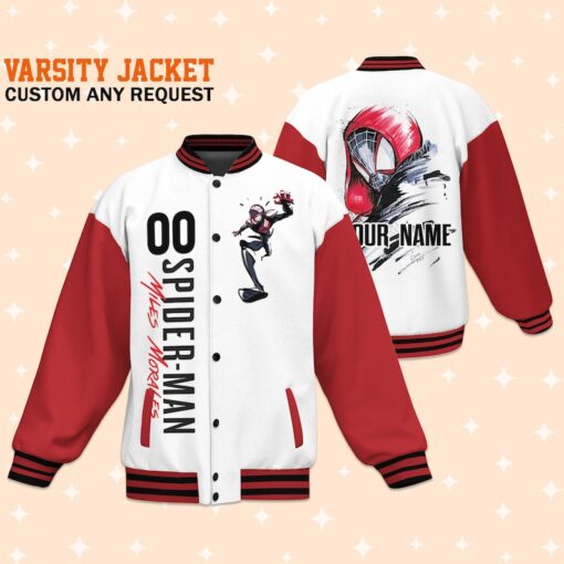 Custom Spiderman Miles Morales White Varsity Jacket, Adult Varsity Jacket, Personalized Jacket, Baseball Team Outfit