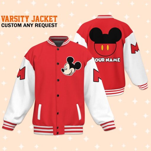 Personalize Disney Mickey Red And White Varsity Jacket, Adult Varsity Jacket, Baseball Team Outfit