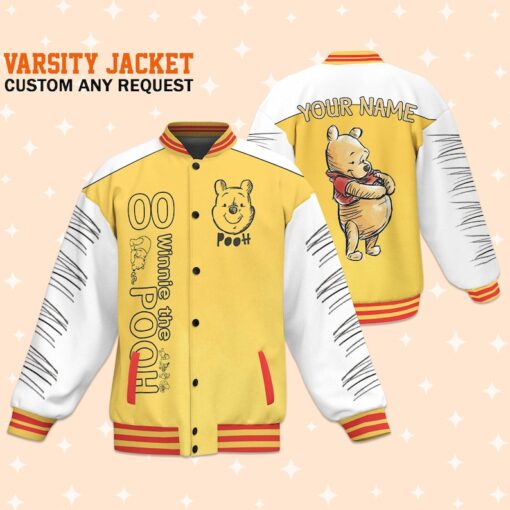 Custom Winnie the Pooh Doodle Varsity Jacket, Adult Varsity Jacket, Personalized Disney Jacket, Baseball Team Outfit