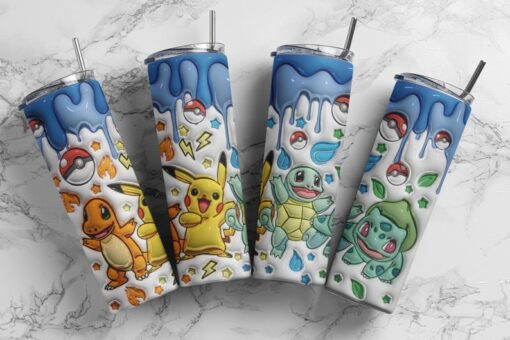 Pokemon Tumbler, 20 oz Skinny Inflated Pokemon Tumbler, Pikachu, Bulbasaur, Charmander, Poke Cartoons