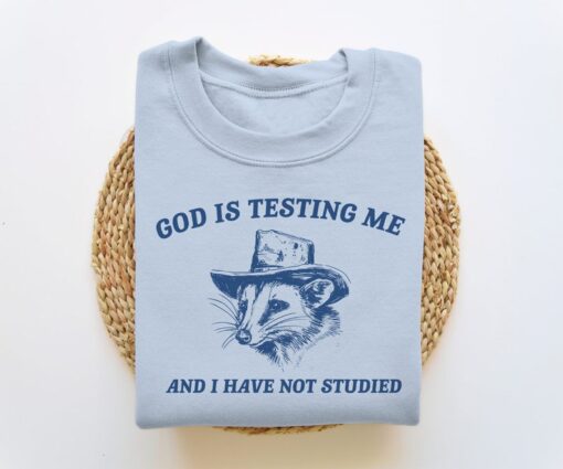 God Is Testing Me And I Have Not Studied, Funny Sweatshirt, Possum Sweatshirt, Vintage Cartoon Sweater, Unisex