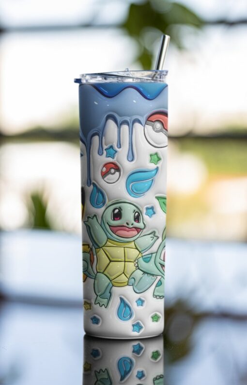 Pokemon Tumbler, 20 oz Skinny Inflated Pokemon Tumbler, Pikachu, Bulbasaur, Charmander, Poke Cartoons