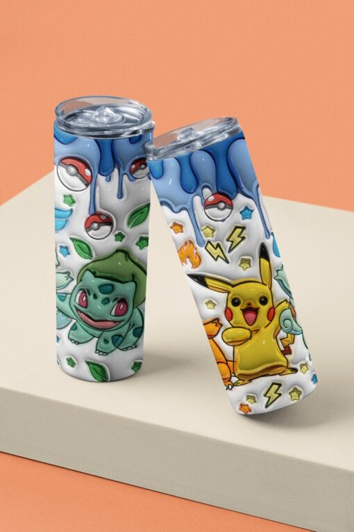 Pokemon Tumbler, 20 oz Skinny Inflated Pokemon Tumbler, Pikachu, Bulbasaur, Charmander, Poke Cartoons