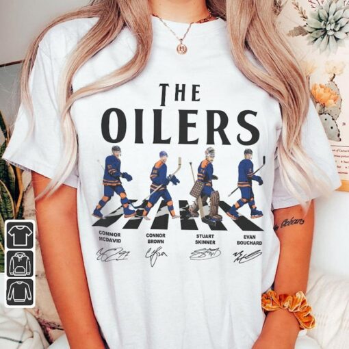 Oilers Walking Abbey Road Signatures Ice Hockey Shirt, Connor McDavid, Connor Brown, Skinner, Evan Bouchard