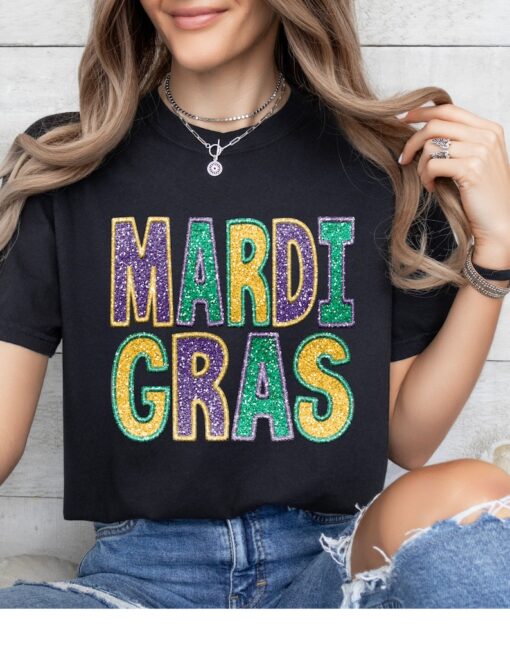 Women's faux glitter effect Mardi Gras shirt, Women's sparkly effect Mardi Gras shirt