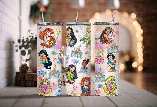 Water-color Disney Princess Tumbler - Colorful Animated Princess Tumbler - Your Fairytale Sip Companion for Enchanting